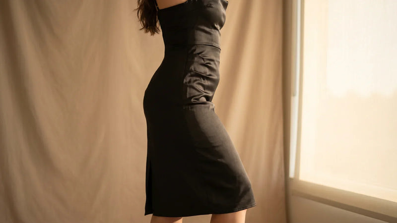 Silhouette élégante en robe satin noire — shapewear Elya ventre plat