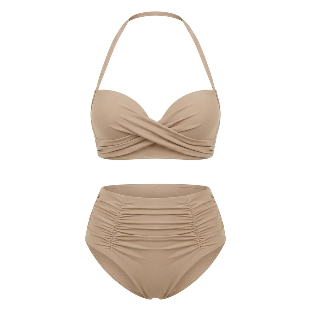 Bikini push up 2 pièces Elya beige packshot produit fond blanc — haut bandeau + culotte taille haute