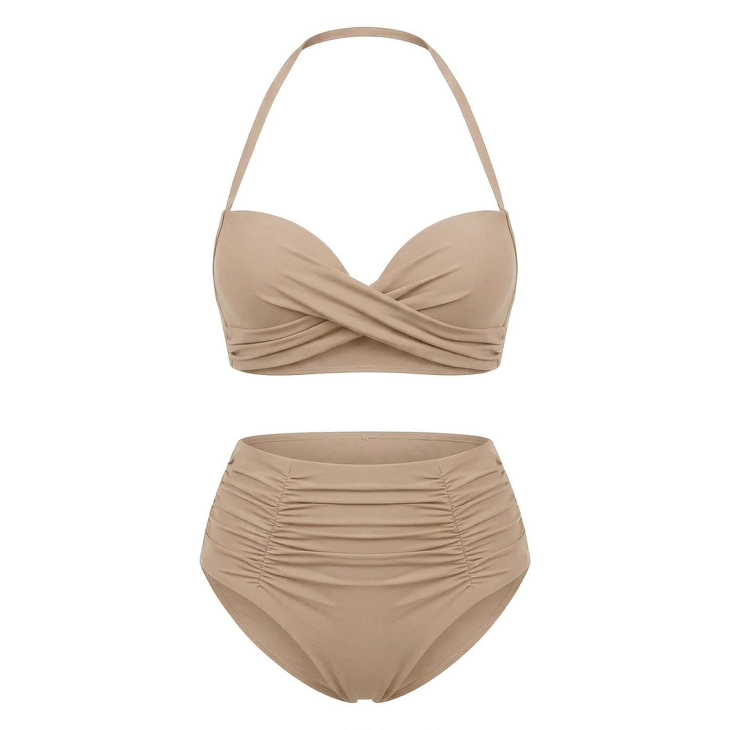 Bikini push up 2 pièces Elya beige packshot produit fond blanc — haut bandeau + culotte taille haute