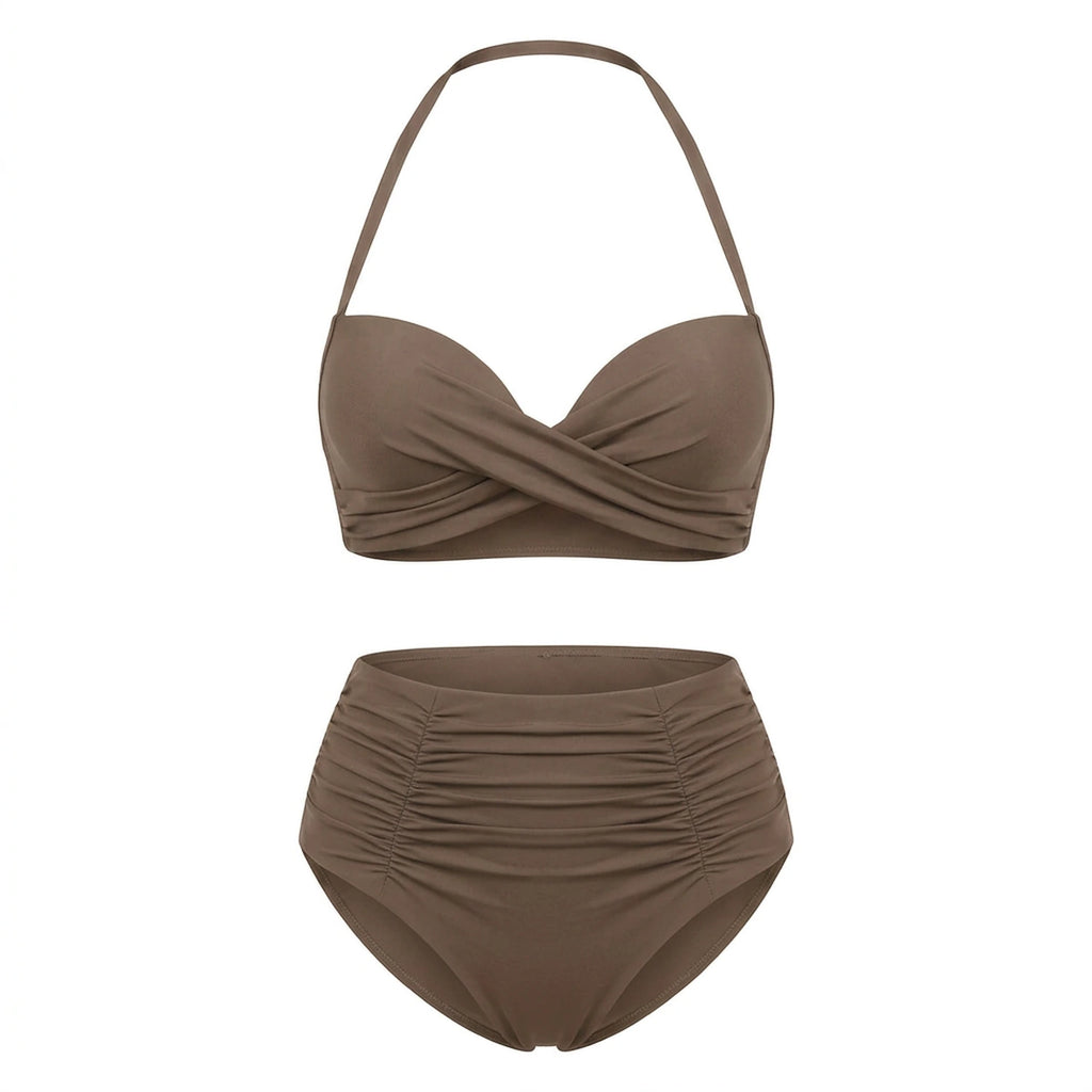 Bikini push up 2 pièces Elya taupe packshot produit fond blanc — haut bandeau + culotte taille haute