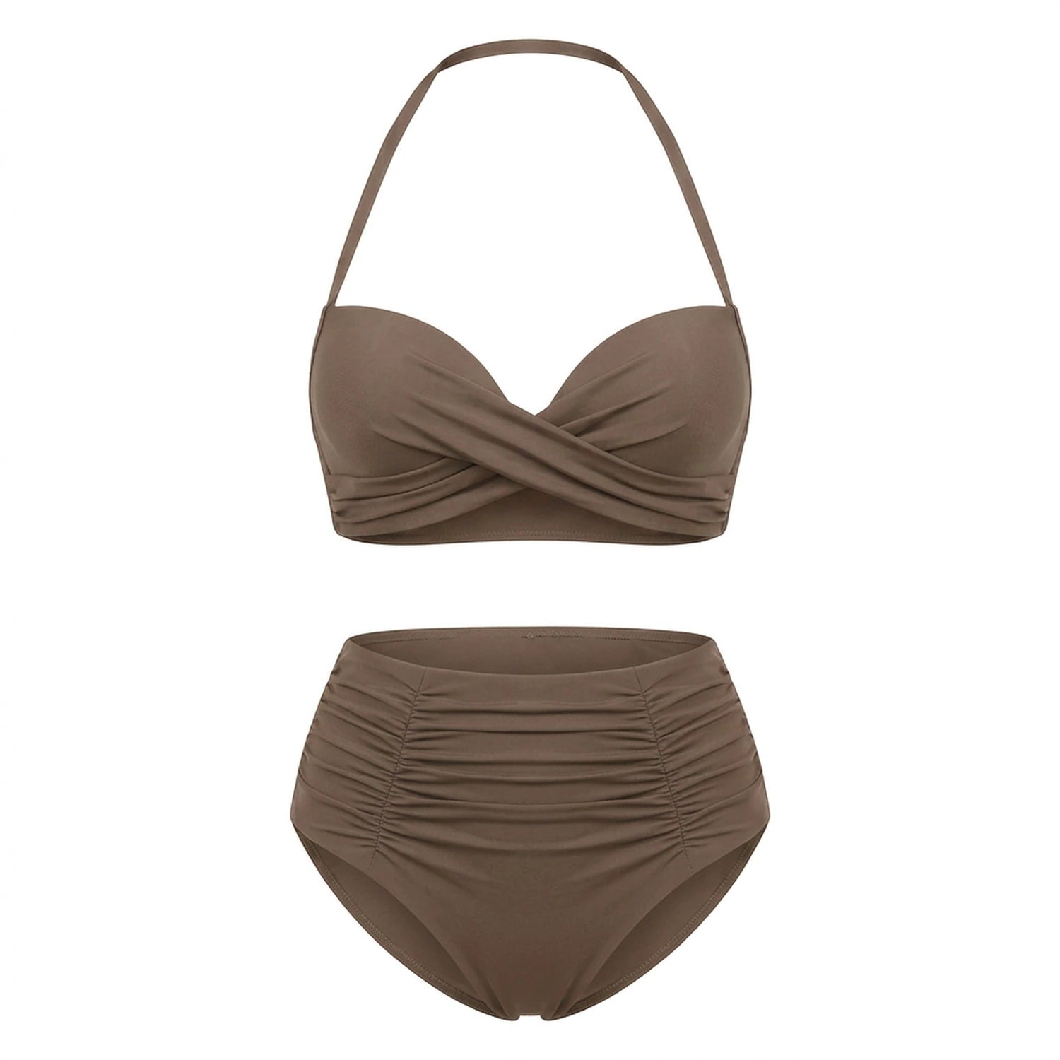 Bikini push up 2 pièces Elya taupe packshot produit fond blanc — haut bandeau + culotte taille haute