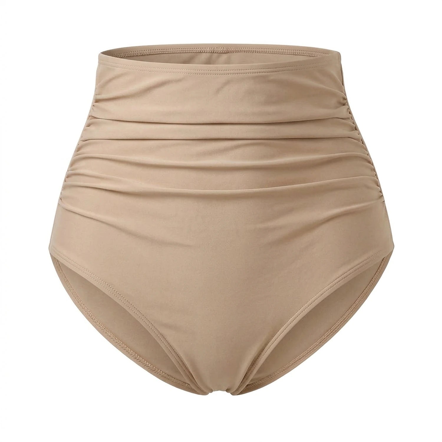 Culotte taille haute bikini gainant Elya beige — packshot produit fronces effet ventre plat