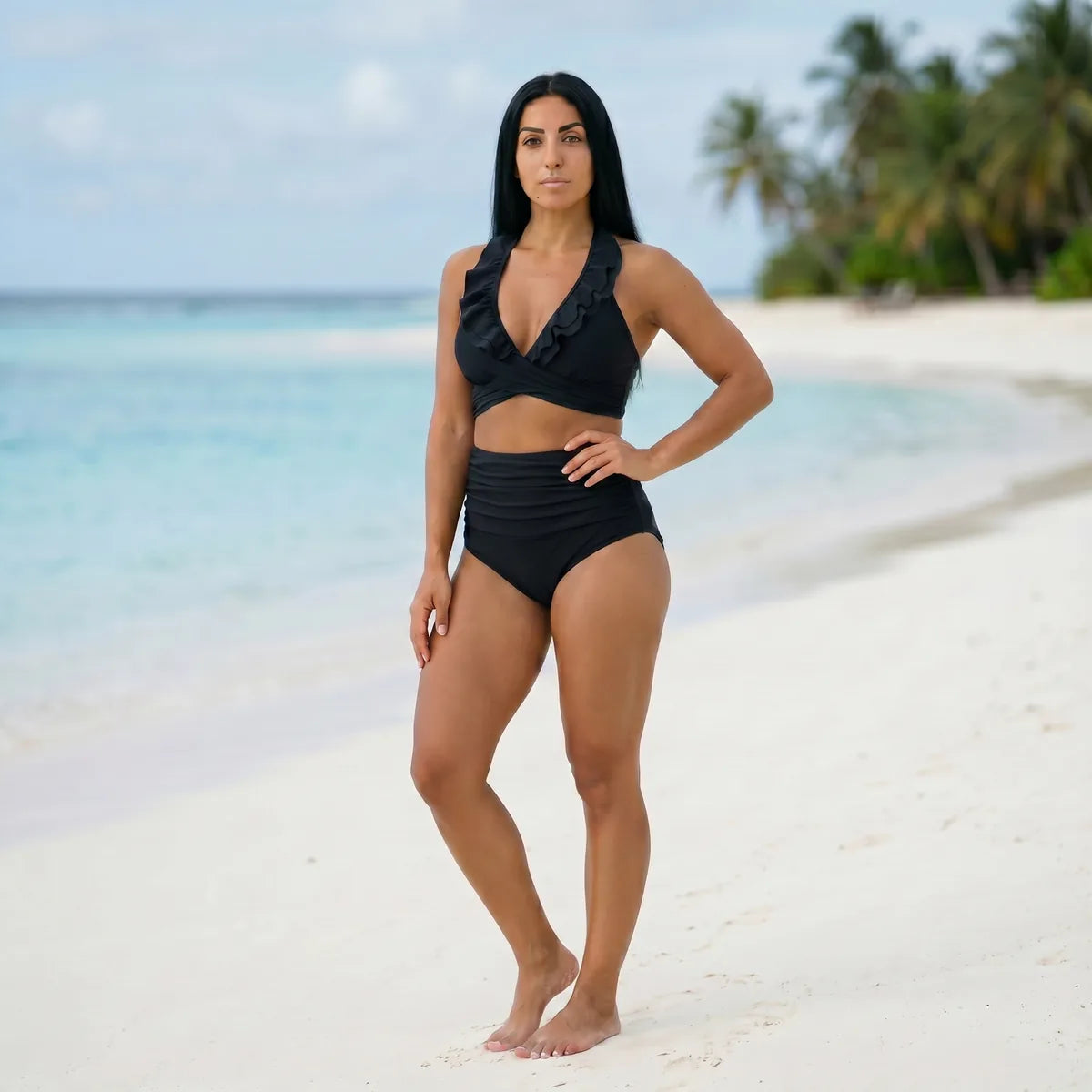 Bikini taille haute gainant Elya noir vue de face — haut volants, culotte taille haute fronces