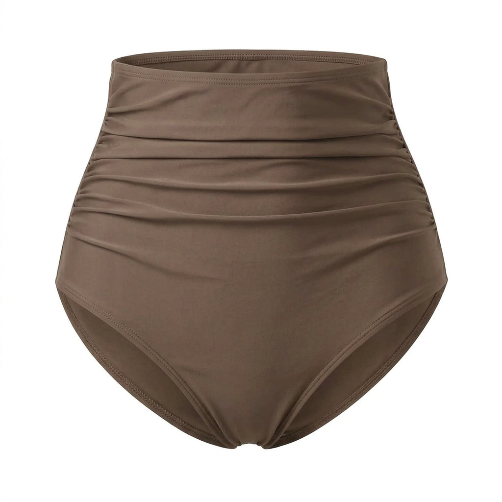 Culotte taille haute bikini gainant Elya taupe — packshot produit fronces effet ventre plat