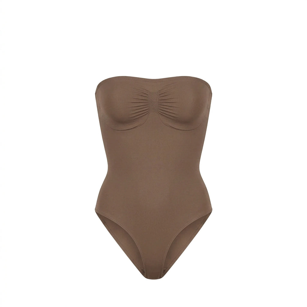 Body bustier gainant taupe packshot — sans bretelles, bande silicone, finition seamless