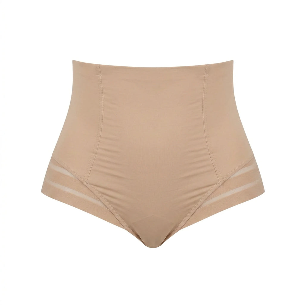 Culotte gainante invisible beige packshot — bord laser, taille haute, bandes mesh transparentes