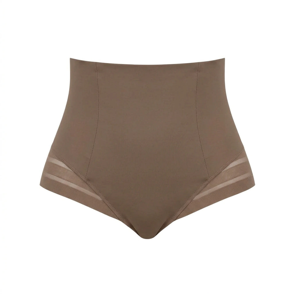 Culotte gainante invisible taupe packshot — bord laser, taille haute, bandes mesh transparentes