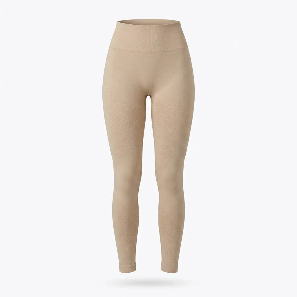Elya beige tummy control leggings — product shot, front tummy-control panel