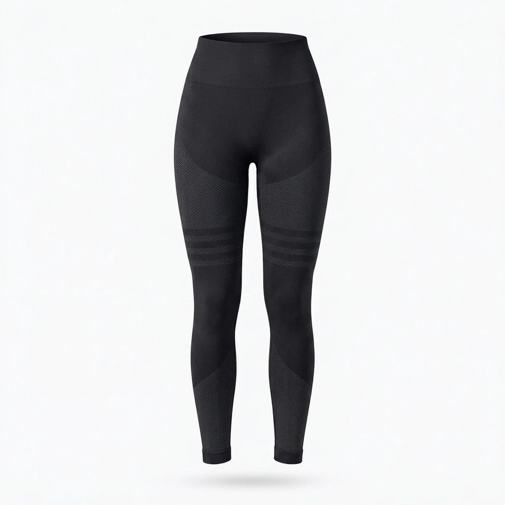 Elya black tummy control leggings — product shot, front tummy-control panel