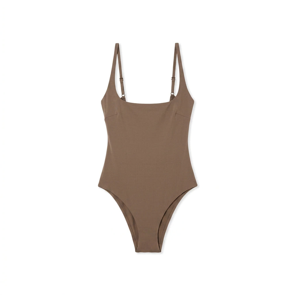 Maillot 1 pièce gainant ventre plat Elya taupe — vue packshot produit fond blanc