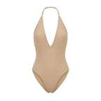 Maillot 1 pièce dos nu Elya beige packshot — décolleté V profond et dos nu sans coutures