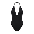 Maillot 1 pièce dos nu Elya noir packshot — décolleté V profond et dos nu sans coutures