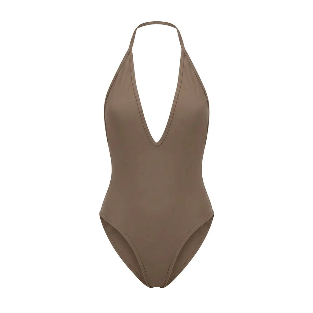 Maillot 1 pièce dos nu Elya taupe packshot — décolleté V profond et dos nu sans coutures