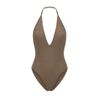 Maillot 1 pièce dos nu Elya taupe packshot — décolleté V profond et dos nu sans coutures
