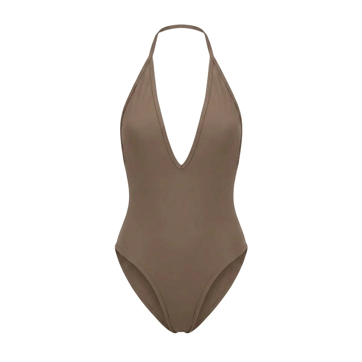 Maillot 1 pièce dos nu Elya taupe packshot — décolleté V profond et dos nu sans coutures