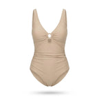 Maillot de bain sculptant Elya beige — packshot produit fond blanc, col V et anneau doré