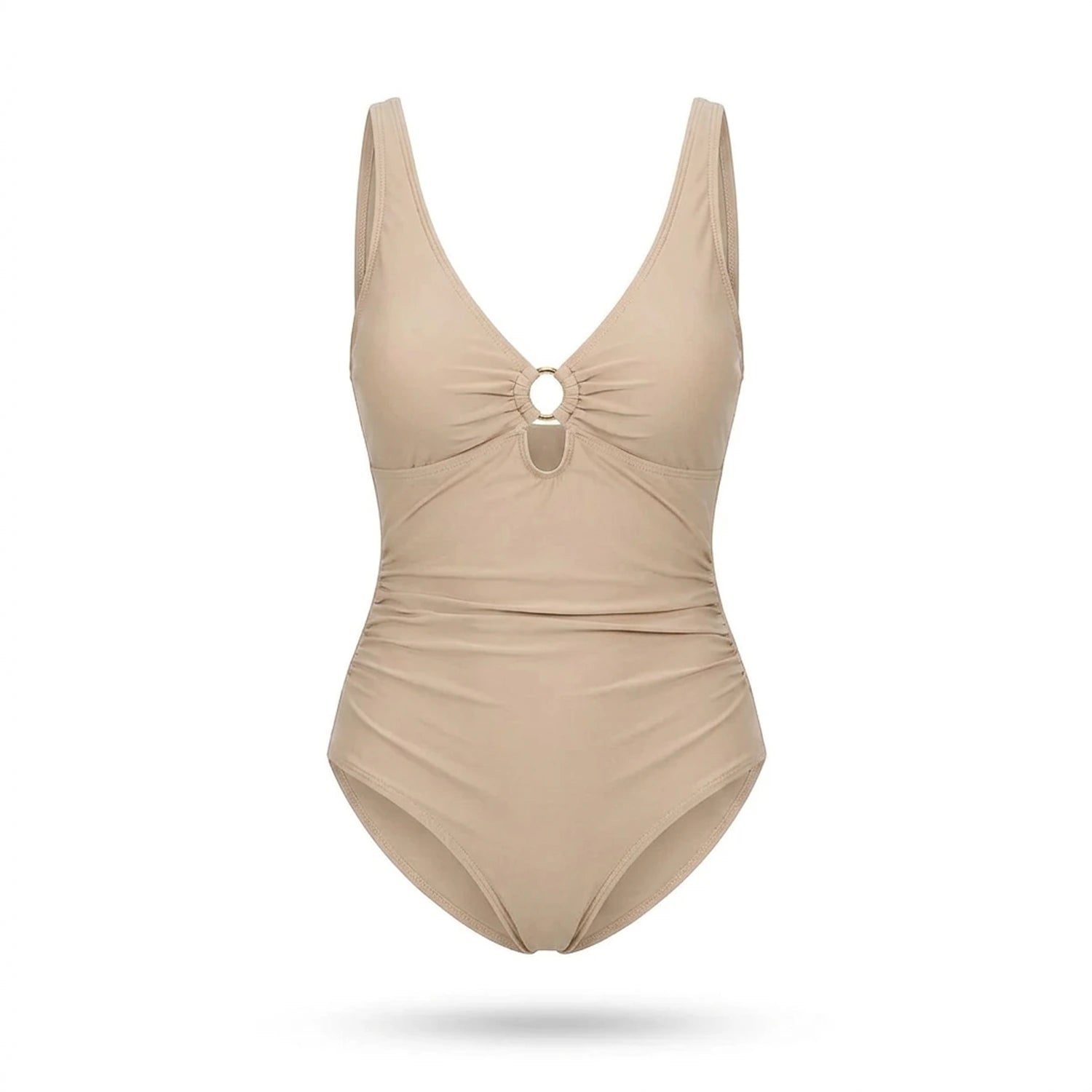 Maillot de bain sculptant Elya beige — packshot produit fond blanc, col V et anneau doré