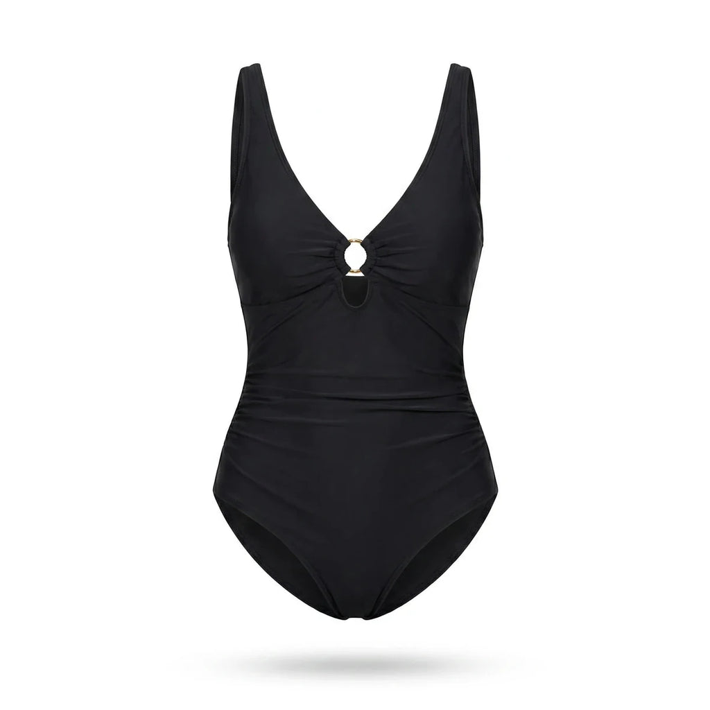 Maillot de bain sculptant Elya noir — packshot produit fond blanc, col V et anneau doré