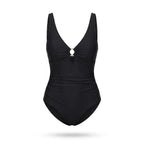 Maillot de bain sculptant Elya noir — packshot produit fond blanc, col V et anneau doré