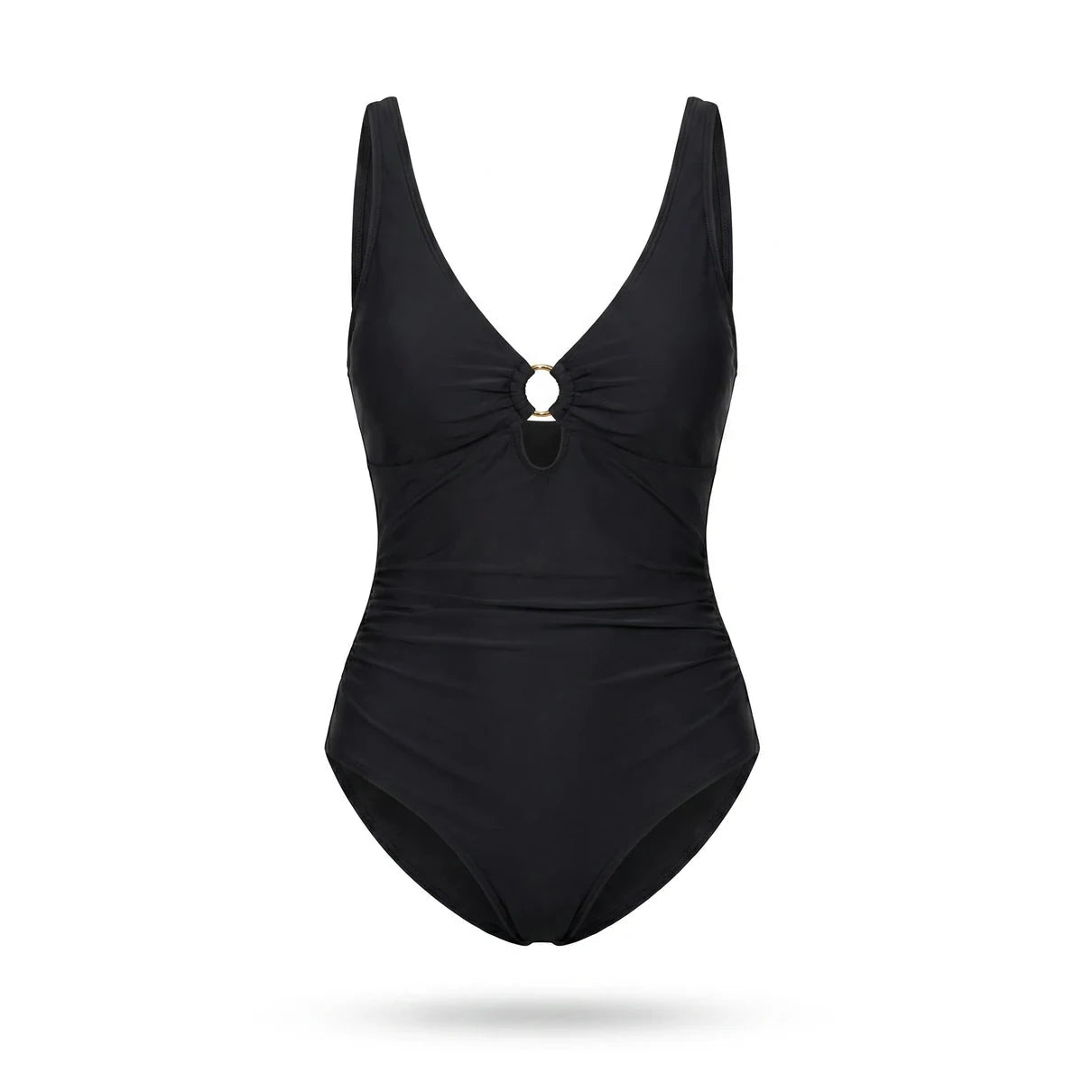 Maillot de bain sculptant Elya noir — packshot produit fond blanc, col V et anneau doré