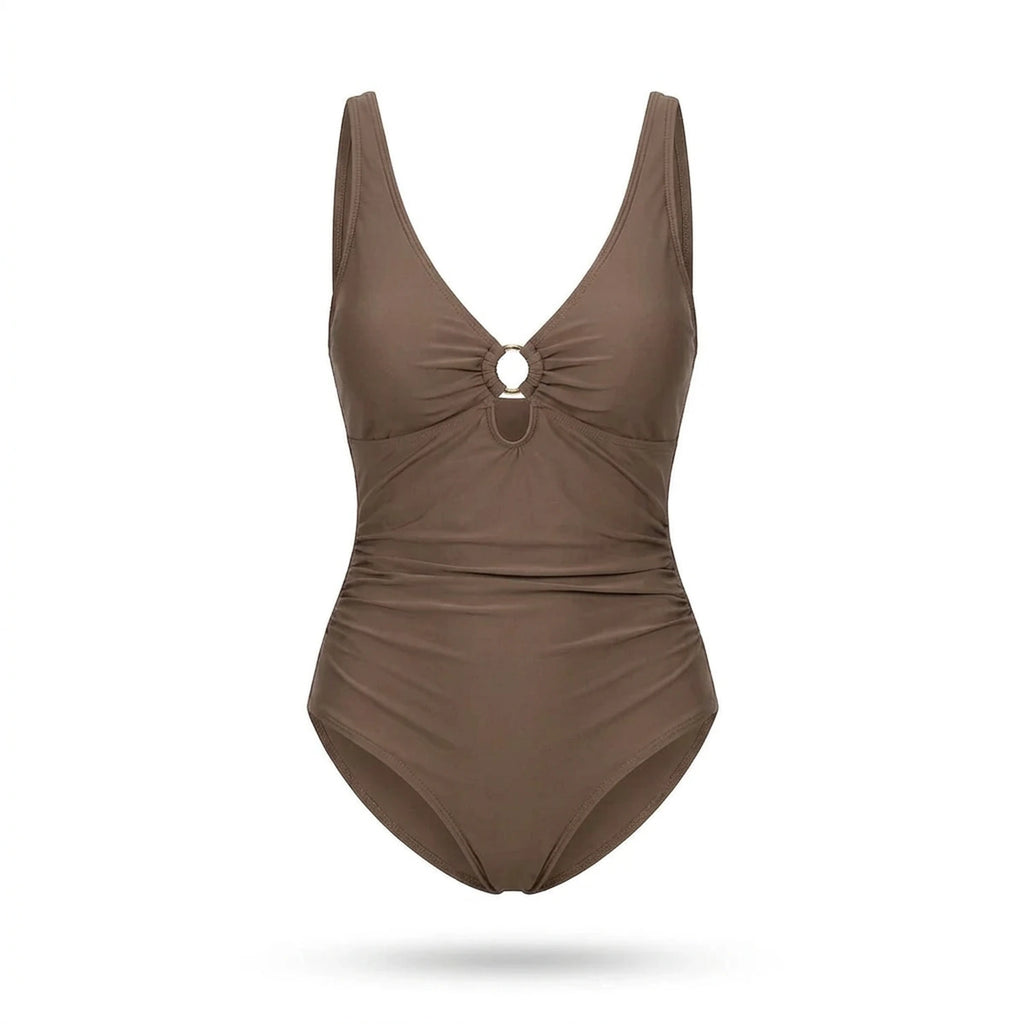 Maillot de bain sculptant Elya taupe — packshot produit fond blanc, col V et anneau doré