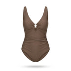 Maillot de bain sculptant Elya taupe — packshot produit fond blanc, col V et anneau doré