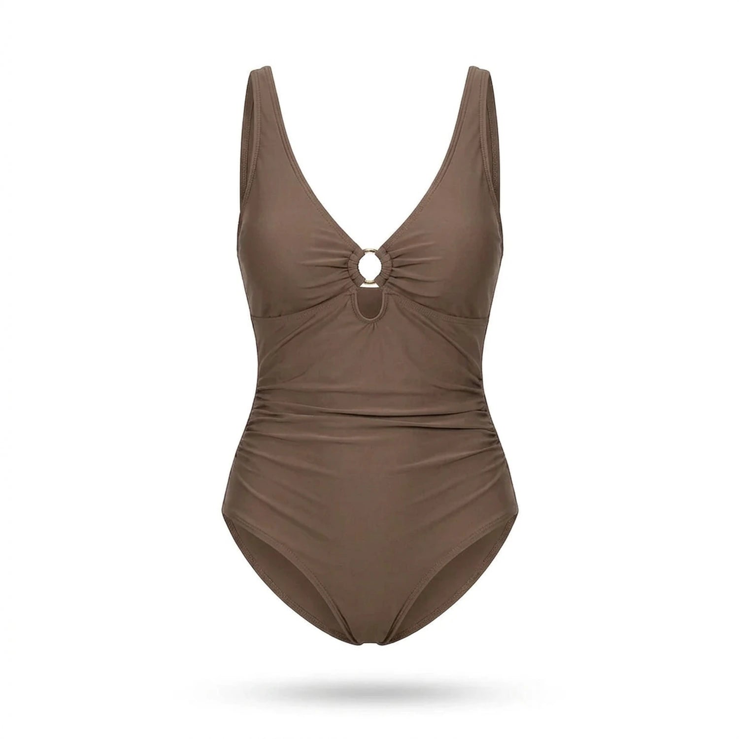 Maillot de bain sculptant Elya taupe — packshot produit fond blanc, col V et anneau doré