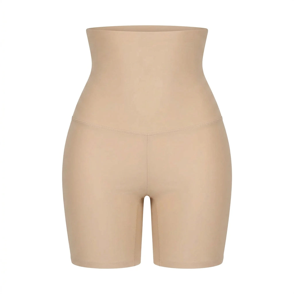 Panty gainant taille haute femme — packshot produit, coupe boyshort mi-cuisse, taille extra-haute, finition seamless, beige