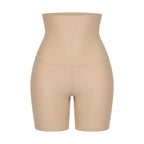 Panty gainant taille haute femme — packshot produit, coupe boyshort mi-cuisse, taille extra-haute, finition seamless, beige