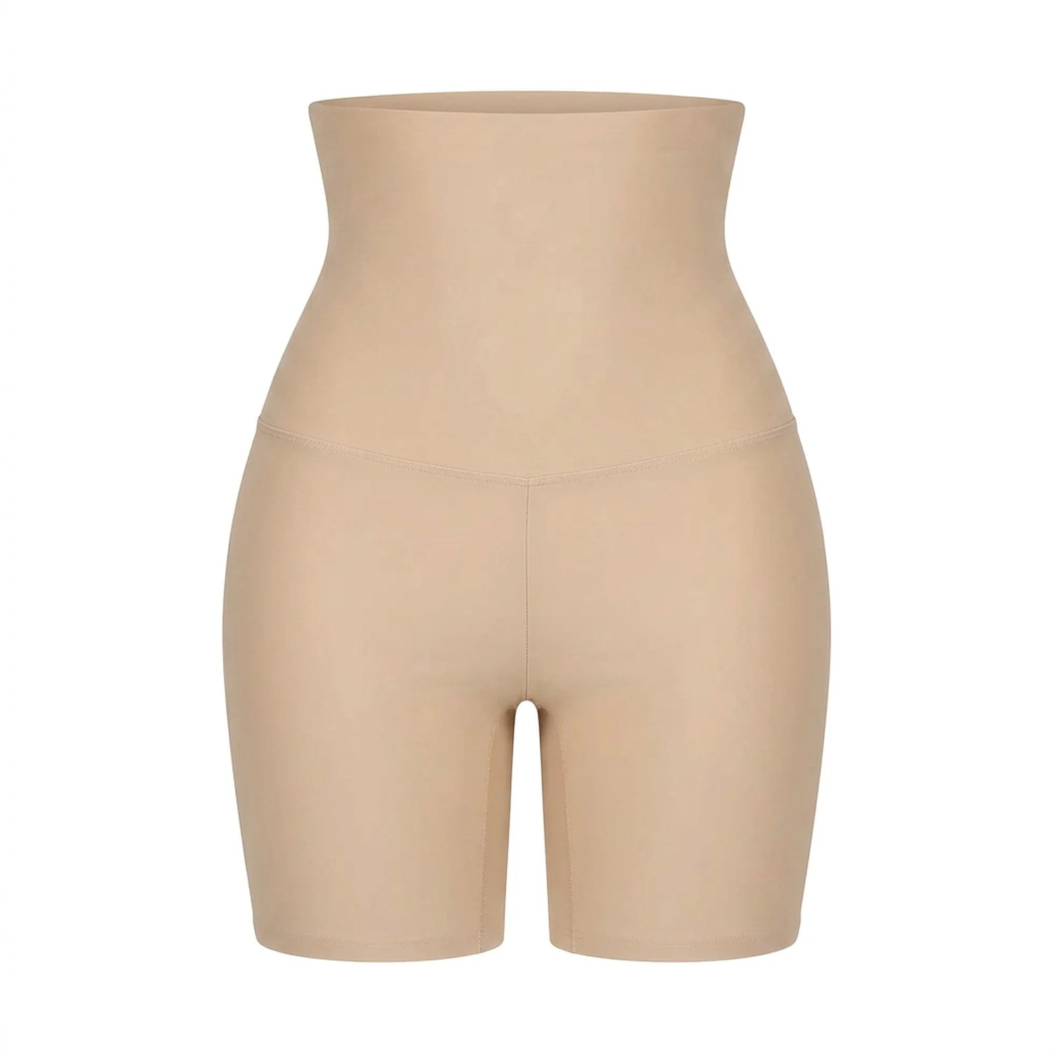 Panty gainant taille haute femme — packshot produit, coupe boyshort mi-cuisse, taille extra-haute, finition seamless, beige