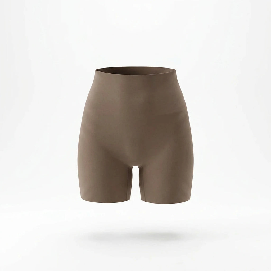 Panty gainant invisible femme — packshot produit, short mi-cuisse taupe, finition seamless invisible