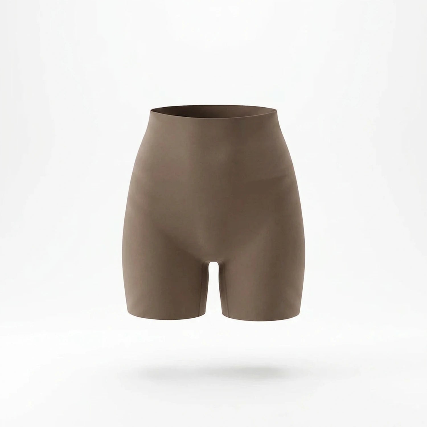 Panty gainant invisible femme — packshot produit, short mi-cuisse taupe, finition seamless invisible