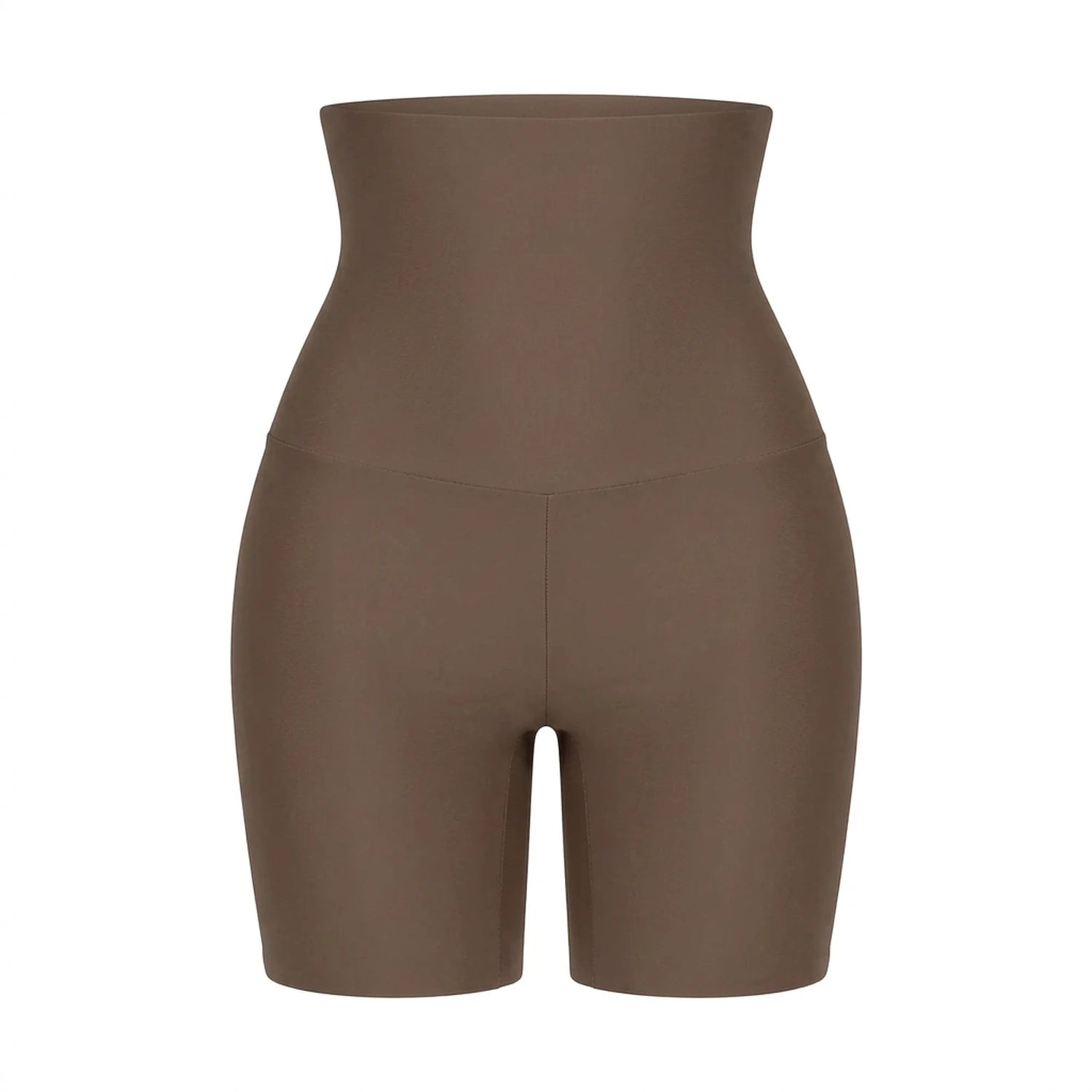Panty gainant taille haute femme — packshot produit, coupe boyshort mi-cuisse, taille extra-haute, finition seamless, taupe