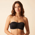 Black invisible strapless bra worn, front view