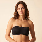 Black invisible strapless bra worn, front view